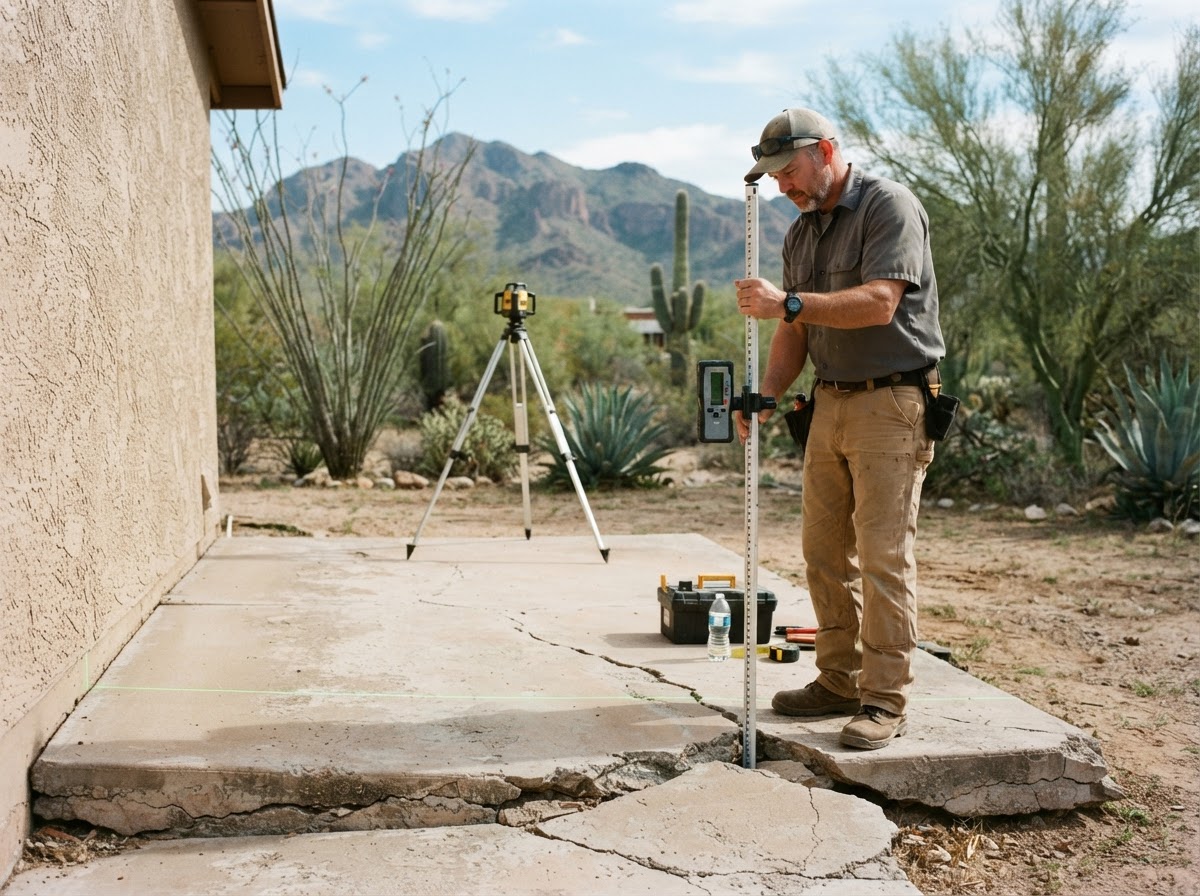 Technician using a laser level measurement tool to check grade and elevation across a settled backyard patio slab at an established Arizona property