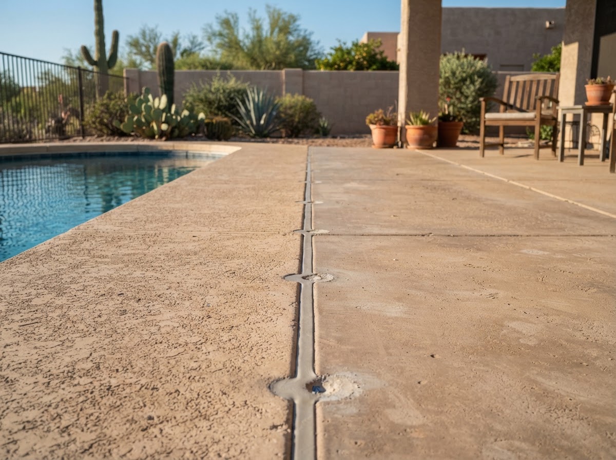 Leveled pool deck-to-patio transition joint with patched injection points after a concrete lifting job in an Arizona backyard