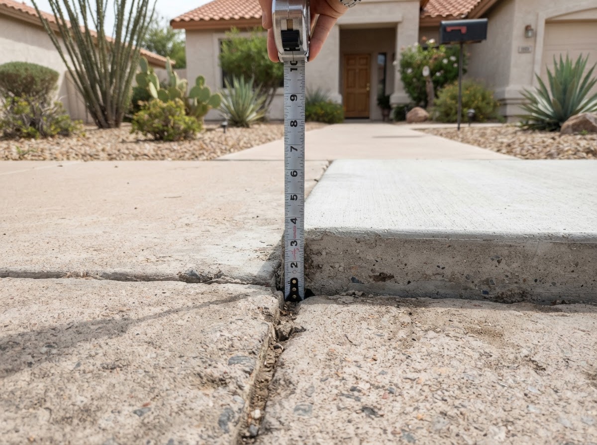 Close-up measuring a vertical trip edge offset between two concrete sidewalk panels at a joint in an Arizona residential front walkway