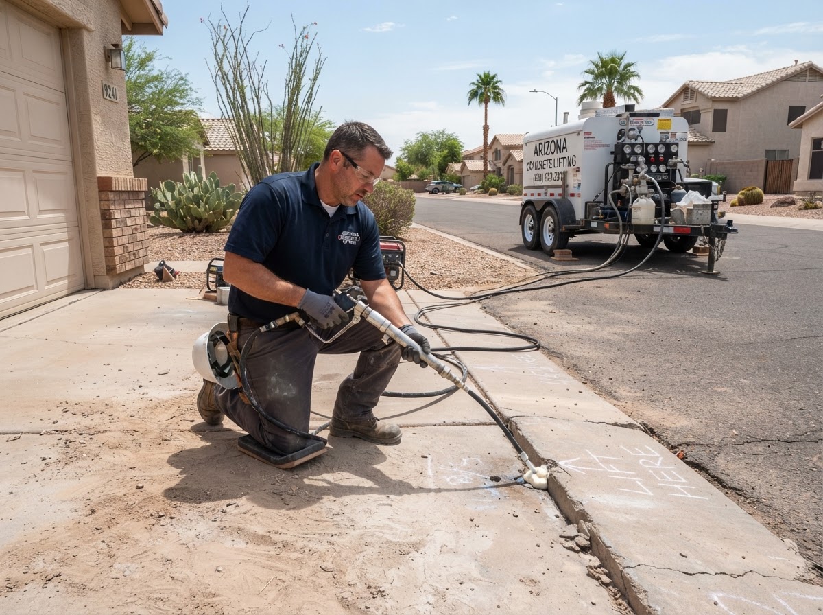 Technician performing controlled concrete lifting injection at a garage approach slab transition at a Mesa Arizona residential property