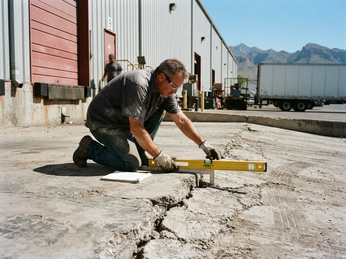 Technician assessing a settled loading-area service slab at a warehouse in Arizona, measuring the transition offset with a level