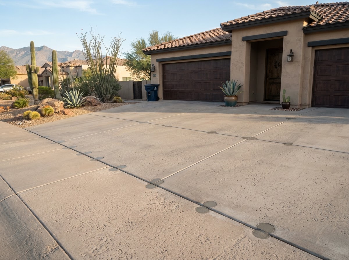 Finished aligned residential concrete driveway with clean patched injection points after a leveling lift at an Arizona home