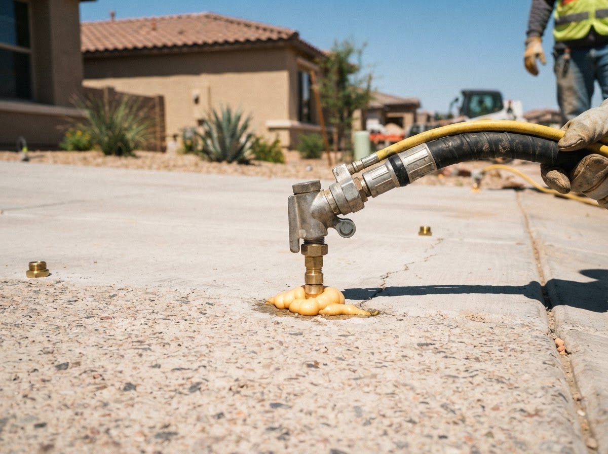 Close-up of small injection ports drilled through a concrete slab for polyurethane foam lifting at a newer Arizona suburban property with injection equipment nozzle connected