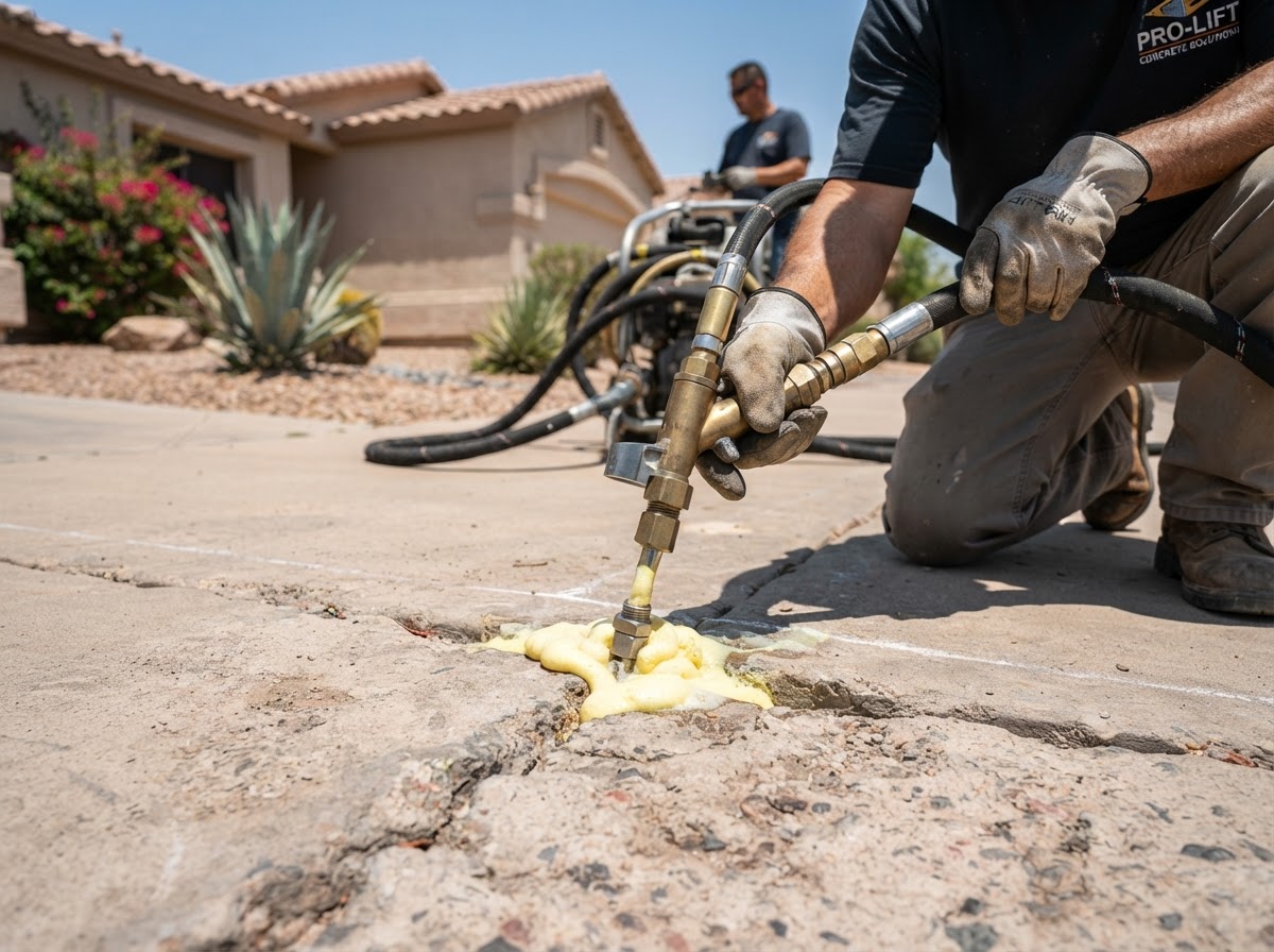 Close-up of small injection ports drilled through a concrete slab for polyurethane foam lifting with injection equipment nozzle connected to a port