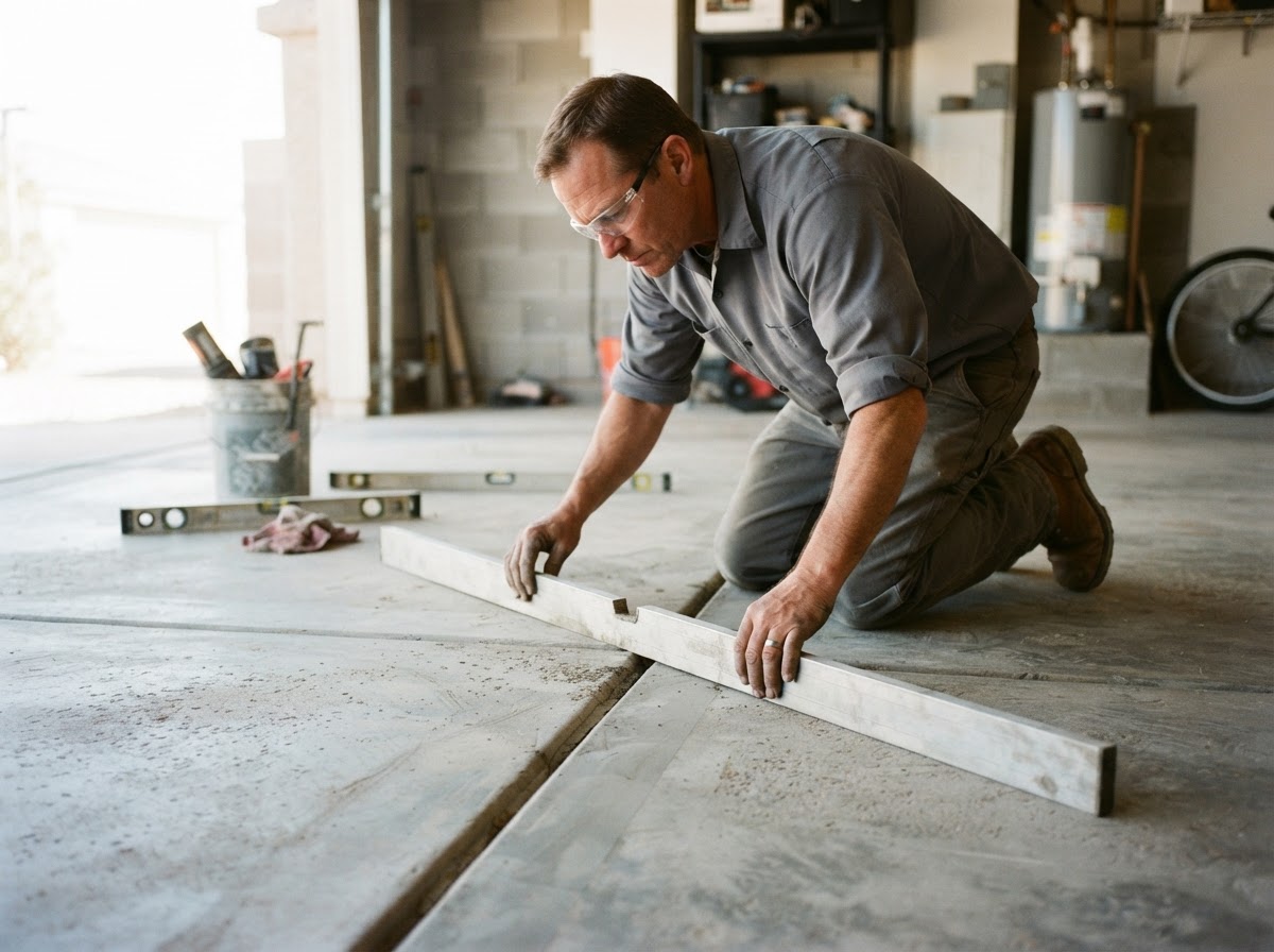 Technician checking the alignment of an interior concrete floor slab joint with a straight-edge after a leveling lift