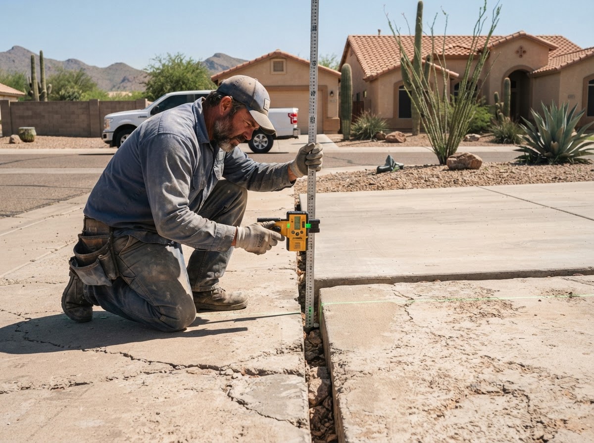 Worker using a laser level and measurement tool to check elevation across a settled commercial concrete slab