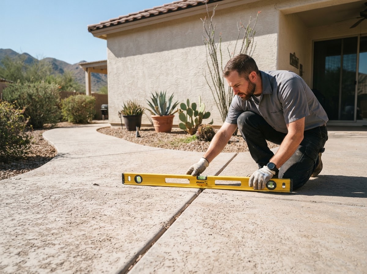 Technician checking the alignment transition where a backyard concrete patio slab meets an adjoining walkway slab using a level across the joint in an Arizona backyard