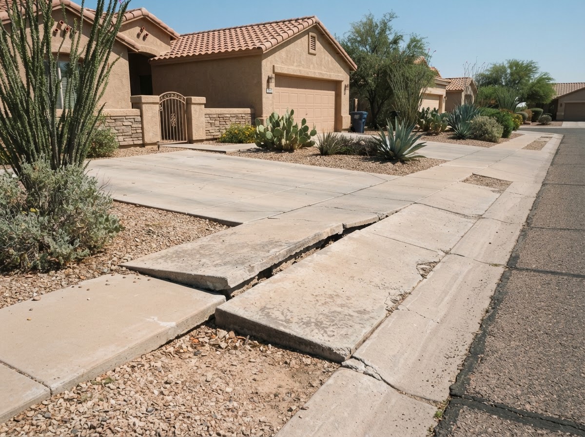Settled residential driveway and sidewalk showing a sunken panel with a misaligned joint at a stucco Arizona home