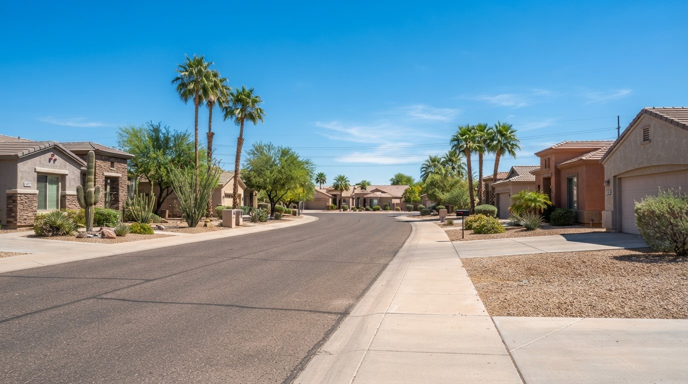 East Valley Arizona residential streetscape with stucco homes, concrete sidewalks and desert landscaping