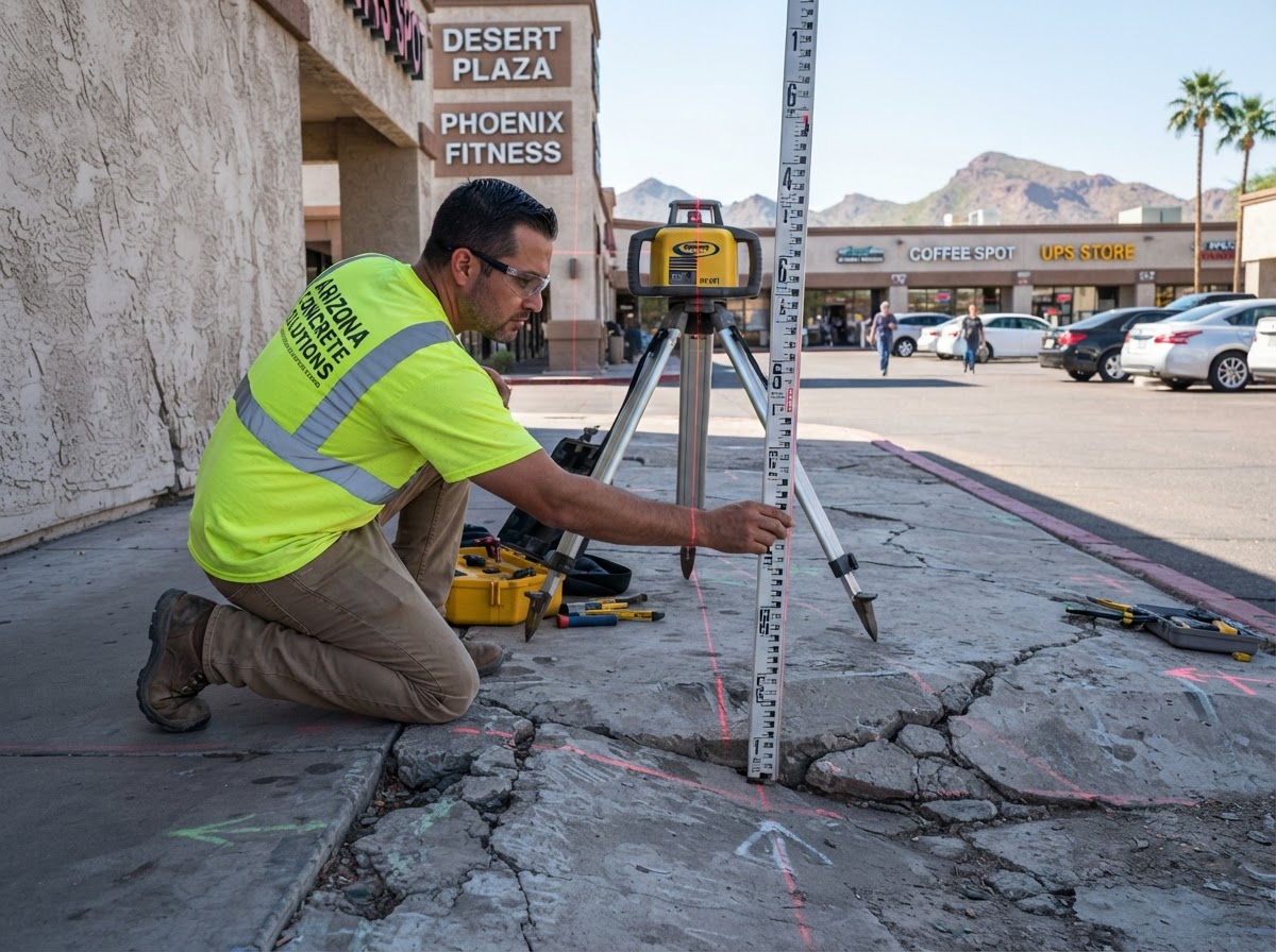 Technician using a laser level measurement tool to check elevation across a settled commercial concrete slab at a Mesa Arizona retail property