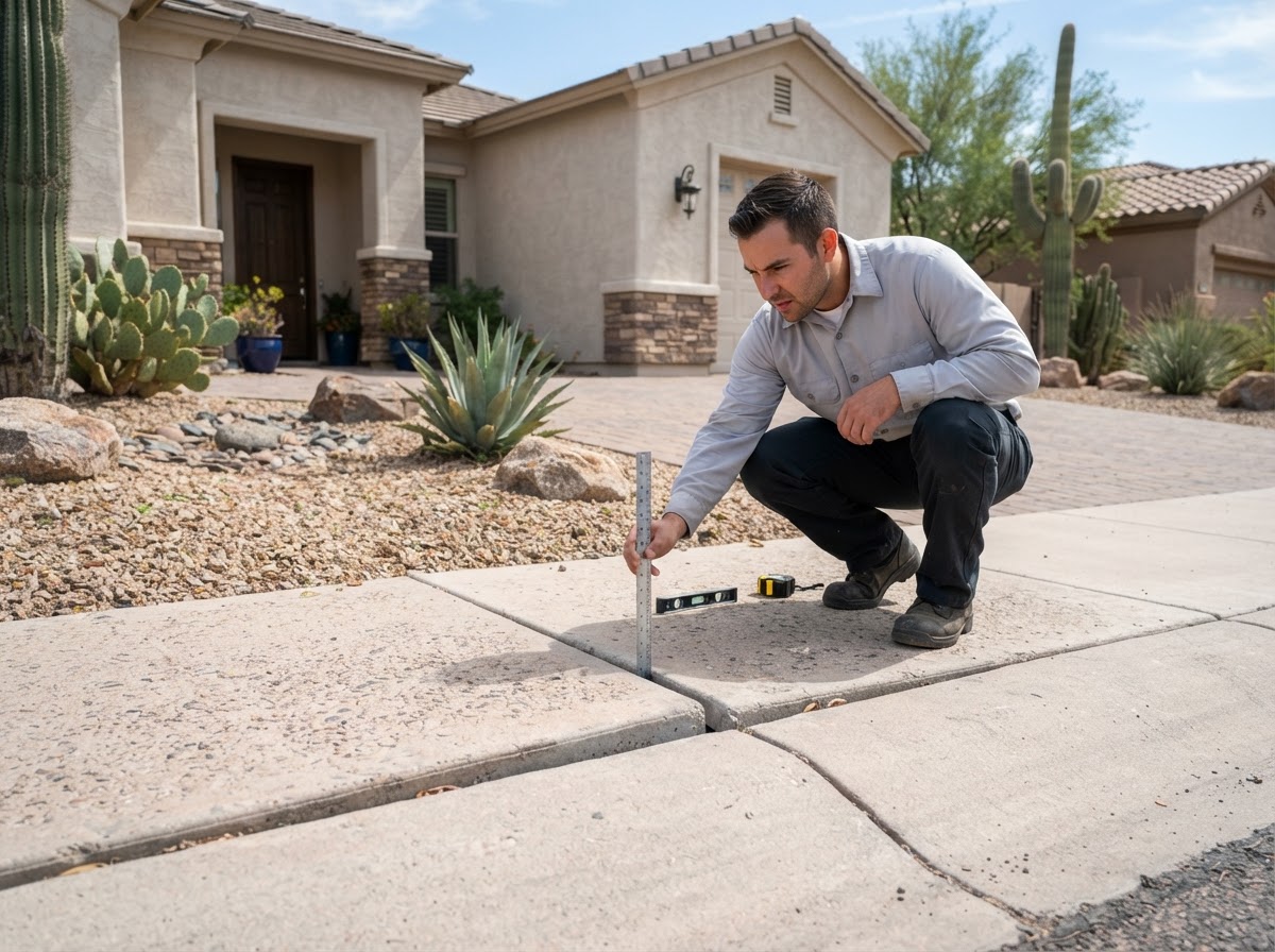 Technician evaluating a trip edge on a front entry walkway concrete slab on a gently graded residential lot in an established Arizona neighborhood