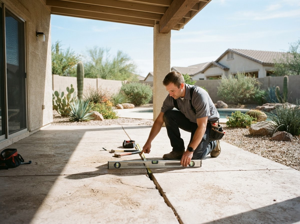 Technician evaluating a covered patio slab for leveling at a newer Arizona suburban backyard property with desert landscaping
