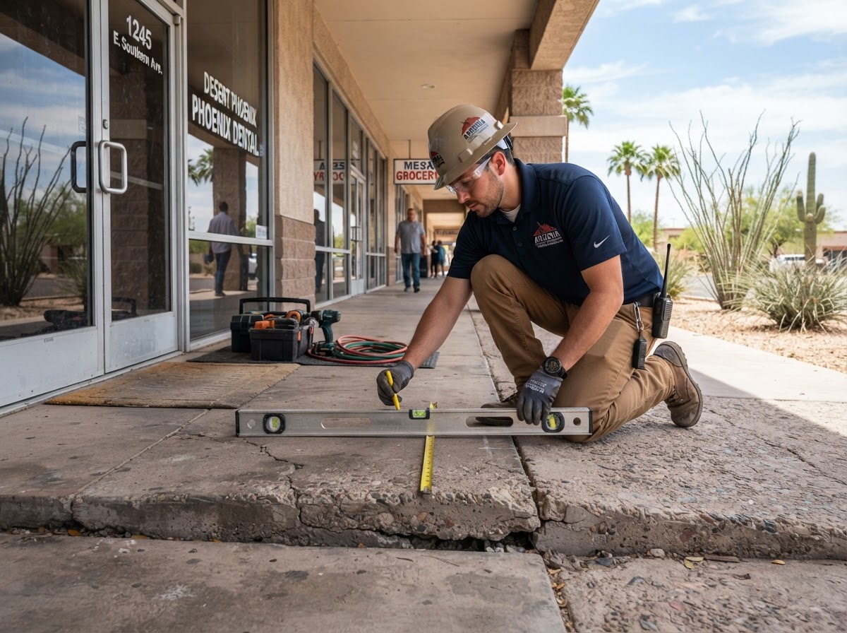 Technician evaluating a settled retail or office entry concrete slab for leveling at a Mesa Arizona commercial property