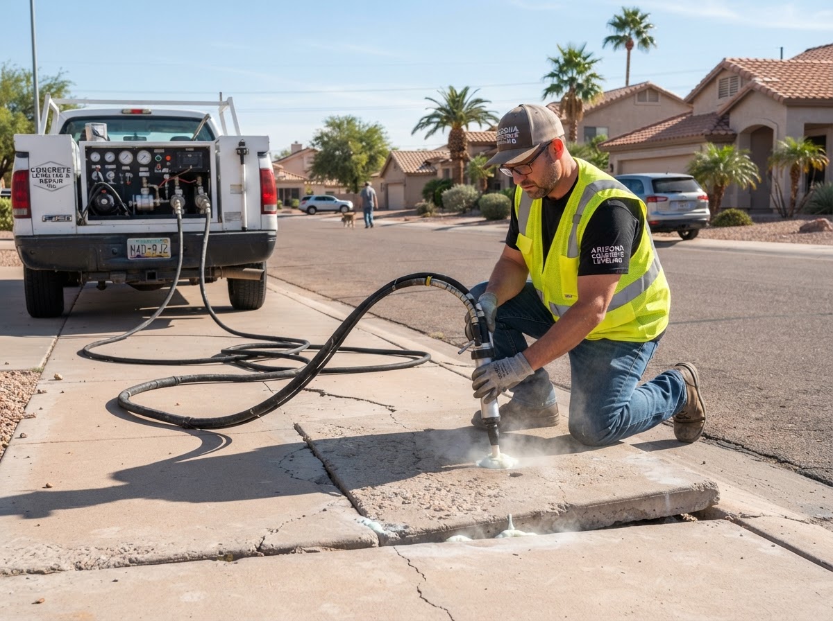 Technician performing controlled concrete lifting injection on a sidewalk panel in a Mesa Arizona suburban setting with professional injection equipment