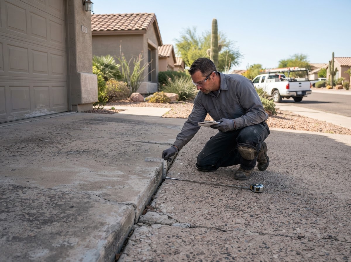 Technician evaluating a vertical offset at a garage approach slab transition on a gently graded residential driveway at an established Arizona neighborhood