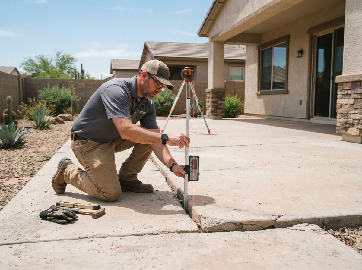 Technician using a laser level measurement tool to check grade and elevation across a settled backyard patio slab at a newer Arizona suburban property