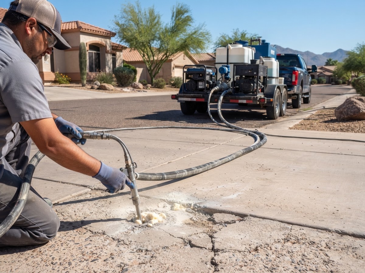 Concrete leveling process equipment with injection hoses staged on a residential driveway