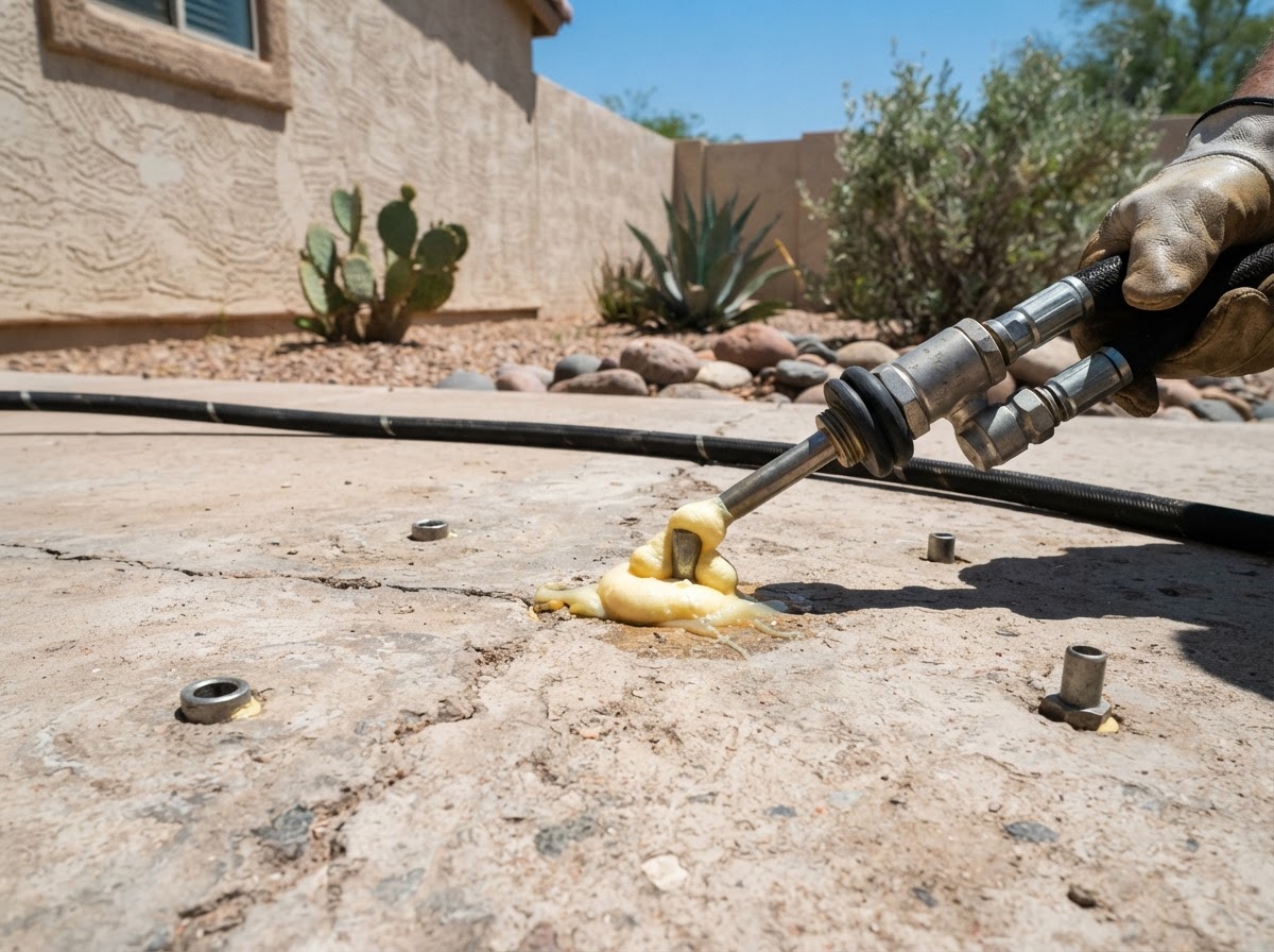 Close-up of small injection ports drilled through a concrete slab for polyurethane foam lifting at an established Arizona residential property with injection equipment nozzle connected