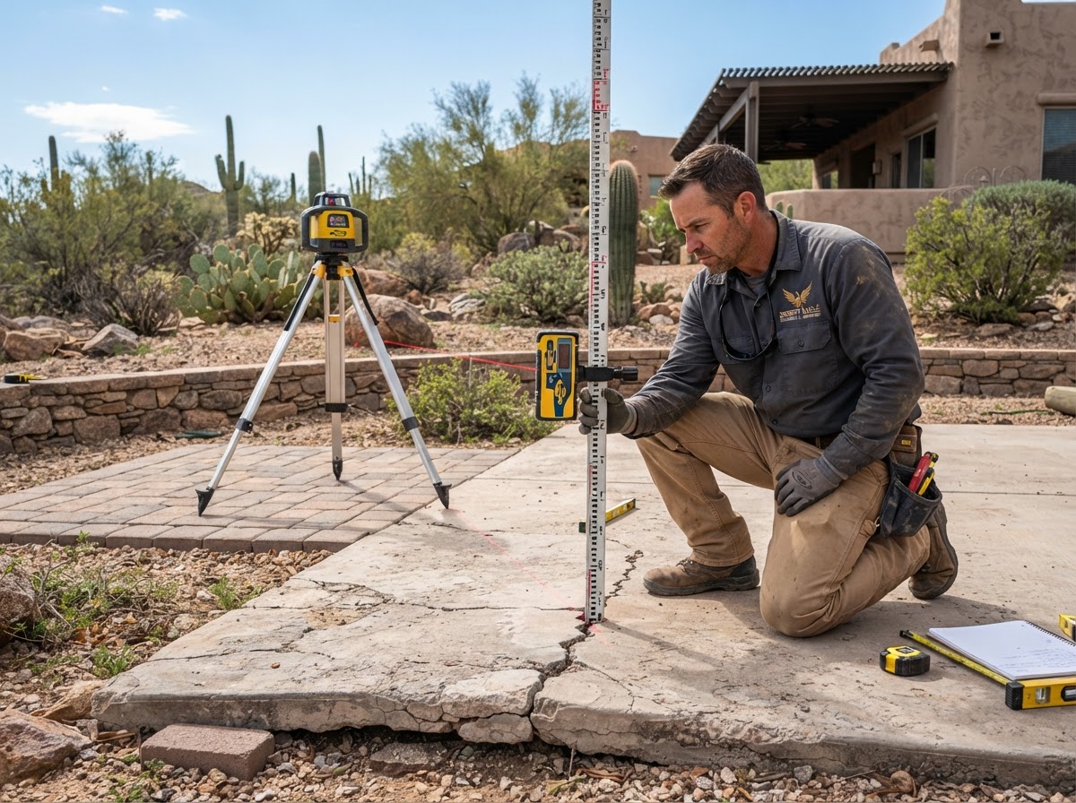 Technician using a laser level to check grade and elevation across a settled backyard patio slab in an Arizona desert-landscaped yard