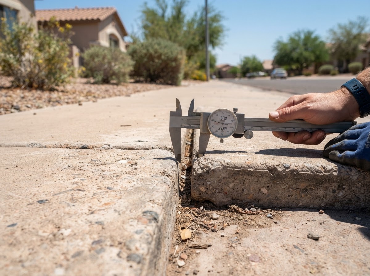 Close-up measuring a vertical panel offset between two concrete sidewalk slabs at a joint on a Mesa Arizona residential walkway