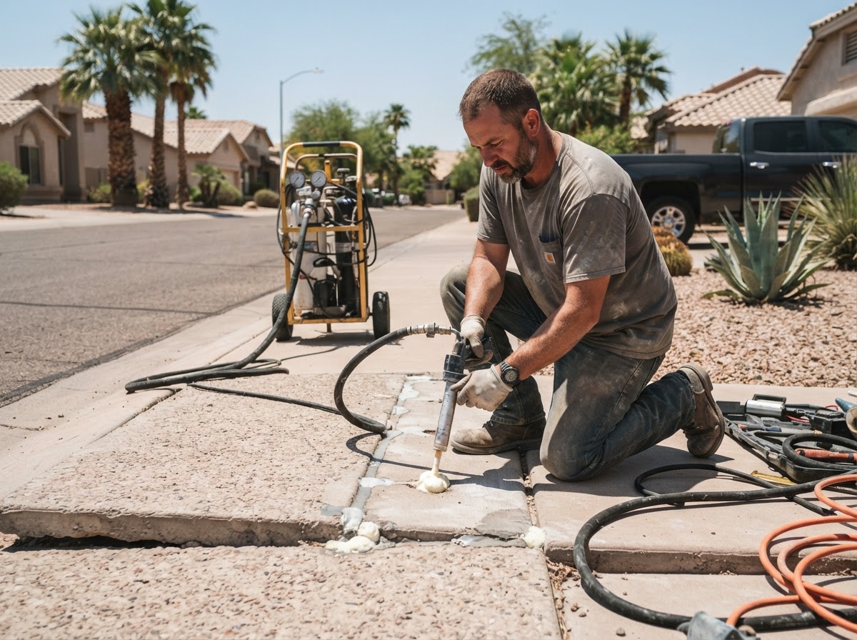 Technician performing controlled concrete lifting injection on a residential sidewalk panel in an Arizona neighborhood