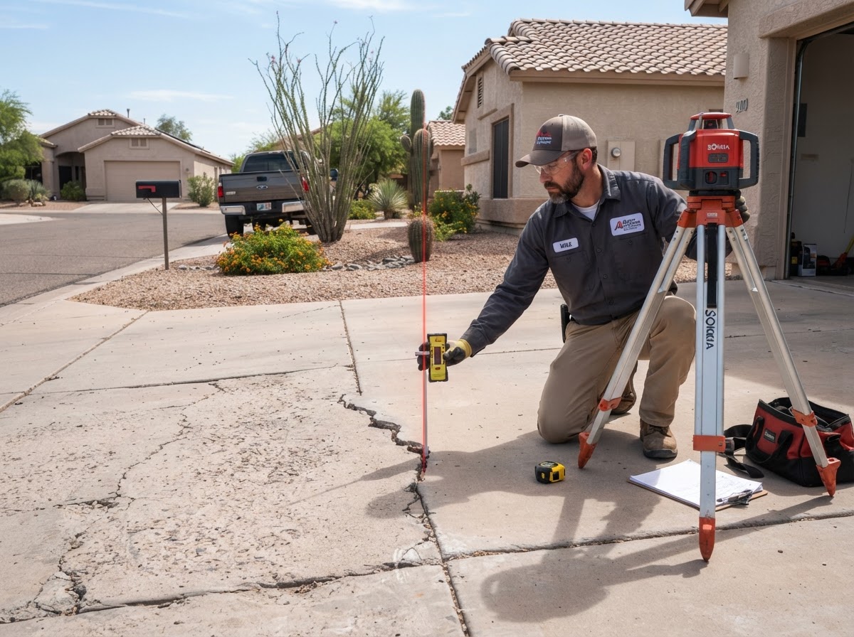 Technician using a laser level measurement tool to check slab elevation across a settled residential driveway in a Mesa Arizona suburban setting