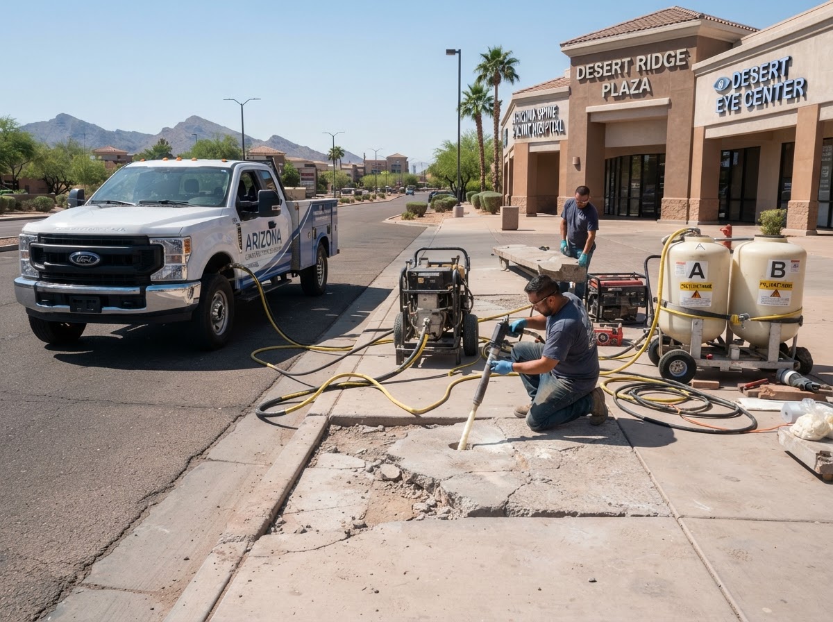 Professional concrete lifting injection equipment and polyurethane material tanks staged at a commercial pedestrian flatwork site in Mesa Arizona