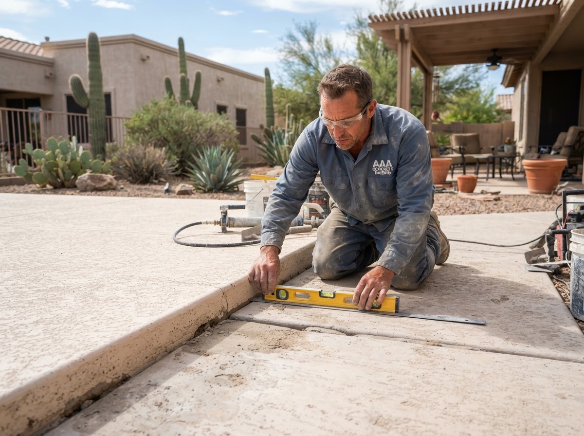 Concrete leveling technician checking the transition alignment between a patio slab and an adjoining walkway in an Arizona residential backyard