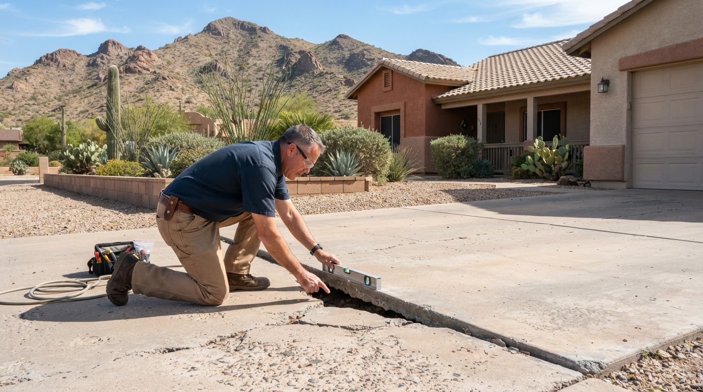 Concrete leveling technician assessing a settled driveway slab at an established Arizona stucco residence with subtle South Mountain foothill context in the background