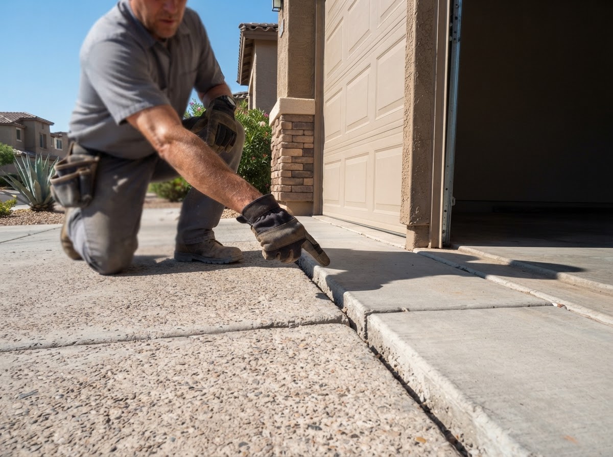 Concrete leveling technician pointing at a vertical offset between a concrete driveway panel and a garage approach slab at an Arizona residential garage entrance