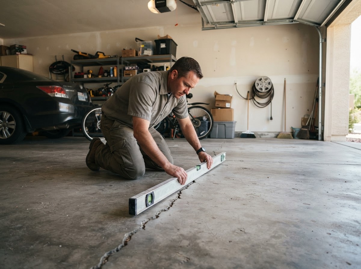 Residential garage floor slab being assessed for level near a settled crack