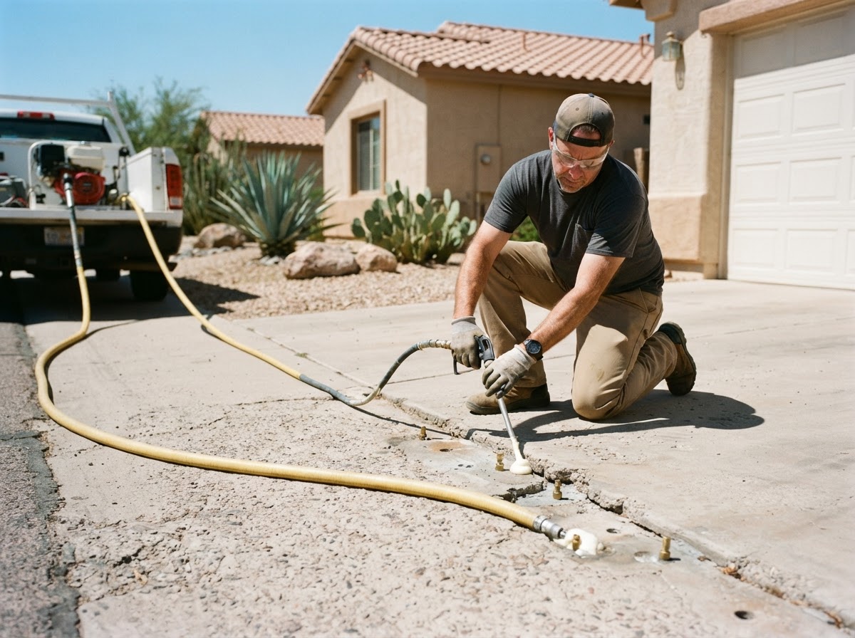 Technician performing controlled polyurethane foam injection beneath a settled driveway slab to fill a void, injection ports and equipment hoses