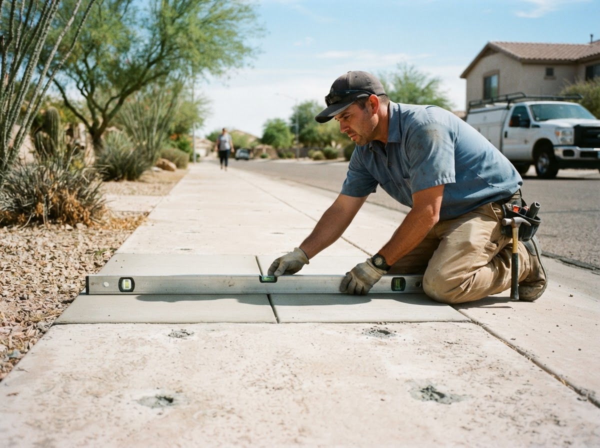 Technician checking sidewalk panel alignment and joint transition with a straight-edge level after a trip hazard leveling lift in Arizona