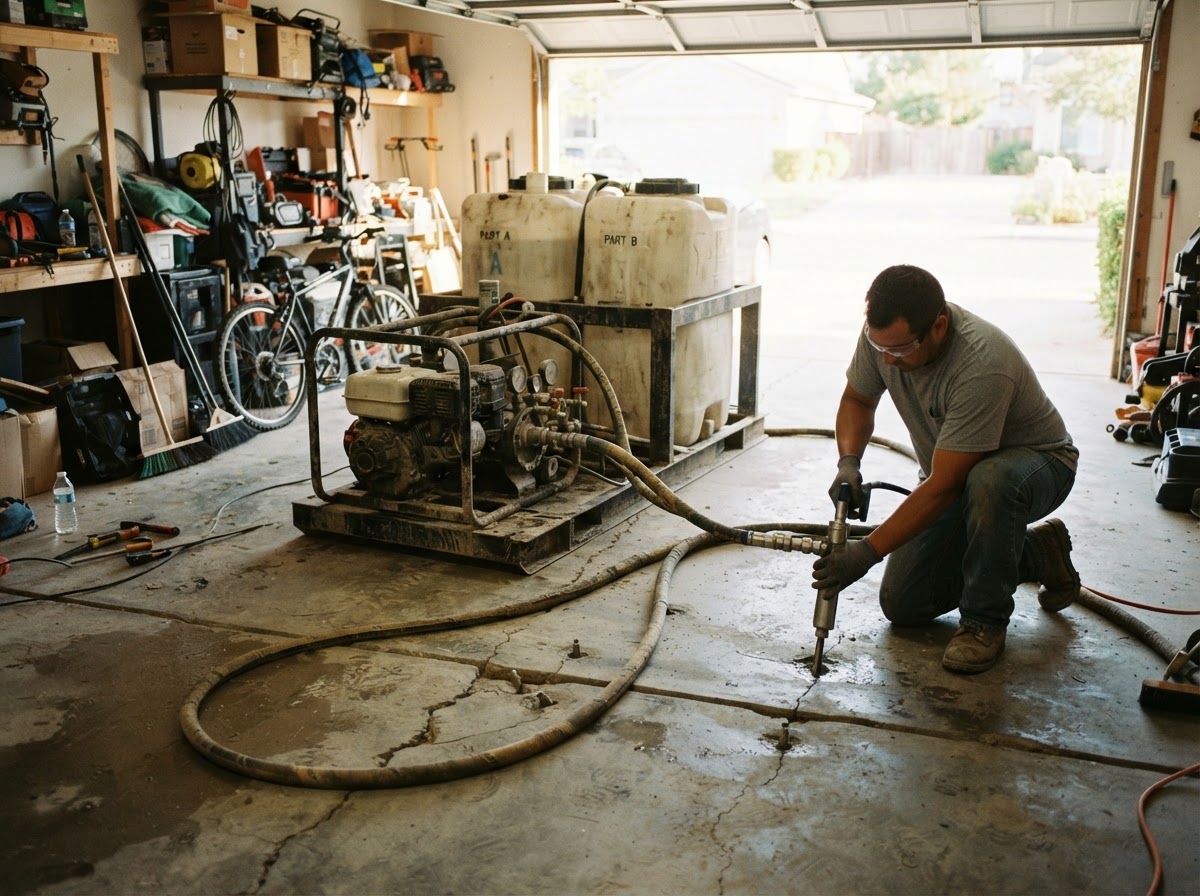 Professional concrete lifting injection equipment and material tanks staged inside a residential garage during a garage floor leveling lift