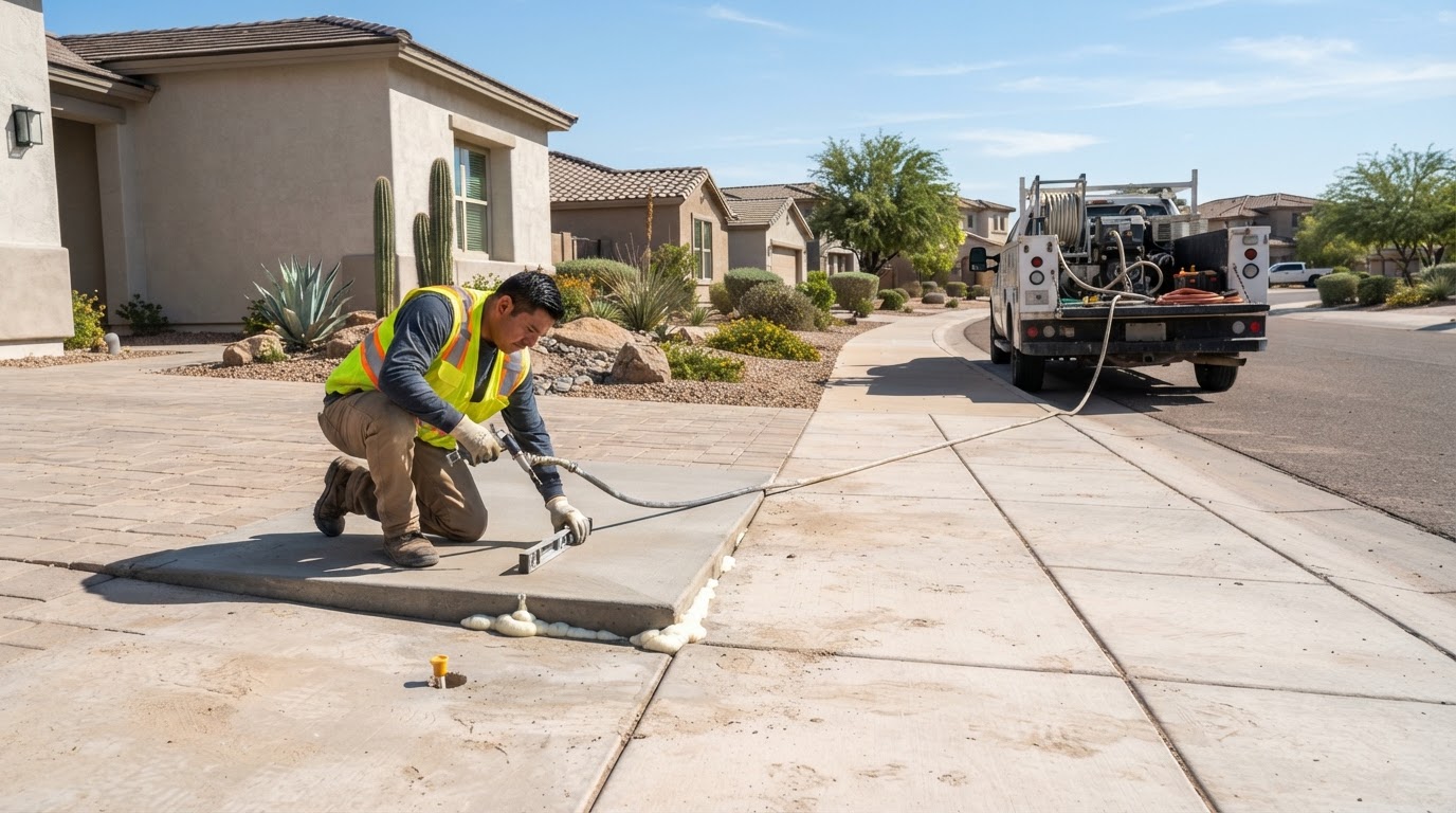 Polyurethane concrete lifting setup at a residential driveway at a newer Queen Creek Arizona suburban property with technician performing controlled foam lifting on a settled slab