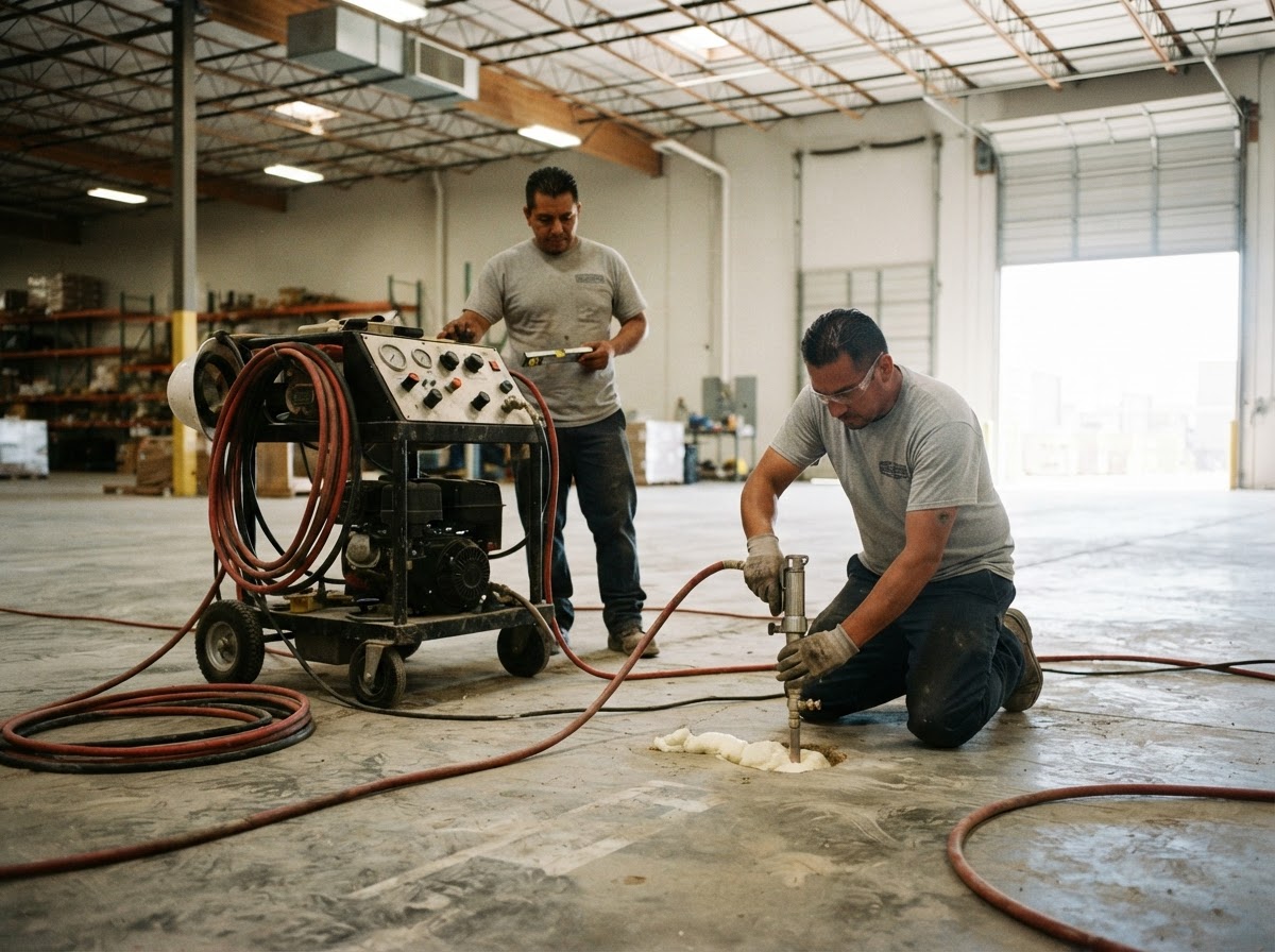 Professional concrete lifting injection equipment and hoses staged inside a warehouse during an interior slab leveling lift
