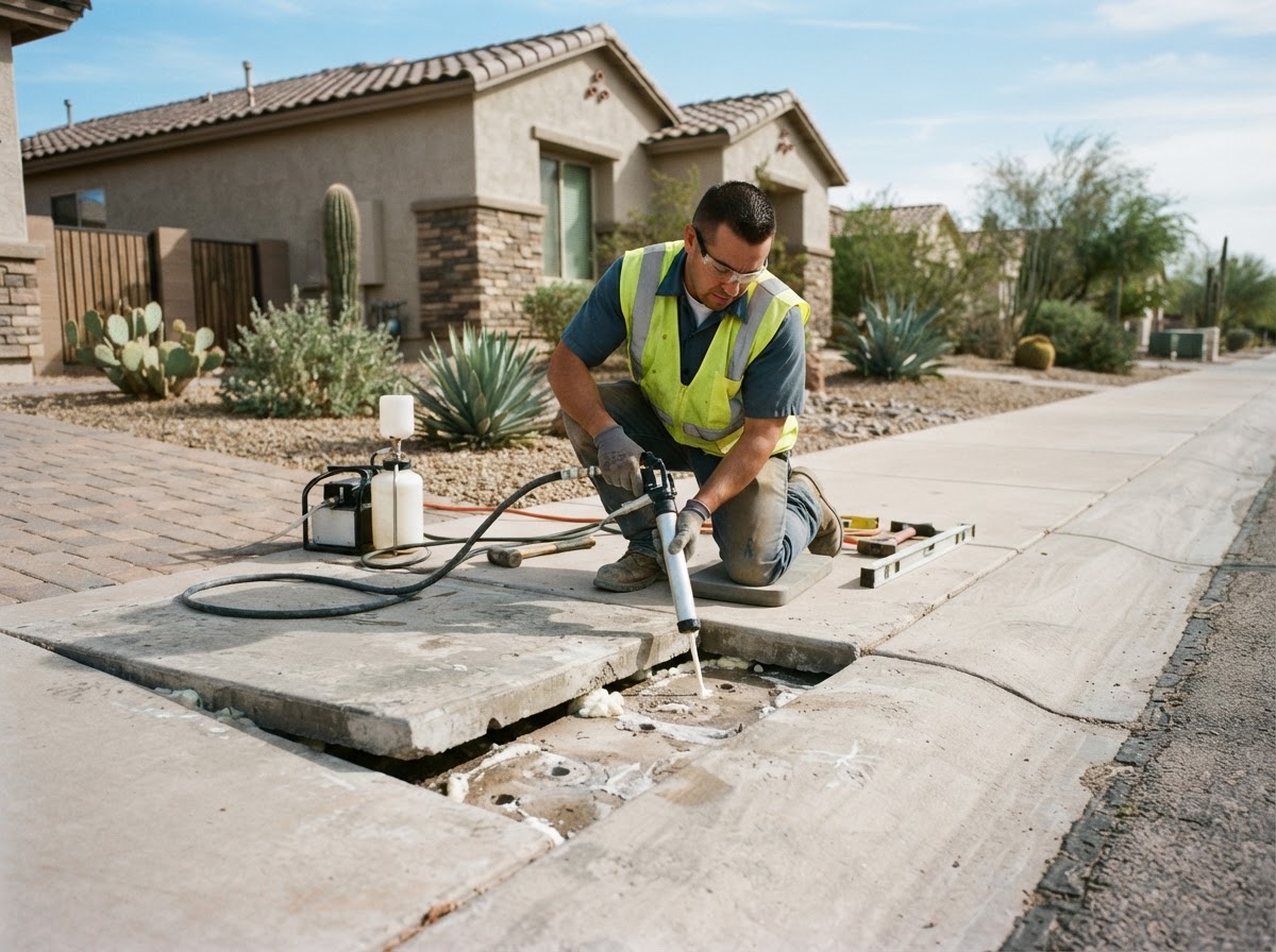 Residential concrete sidewalk panel being leveled by a technician near a desert-front yard home