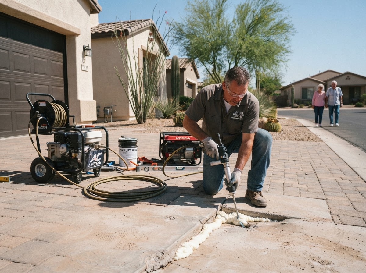 Technician performing controlled concrete lifting injection at a residential garage approach slab transition in an Arizona active-adult community