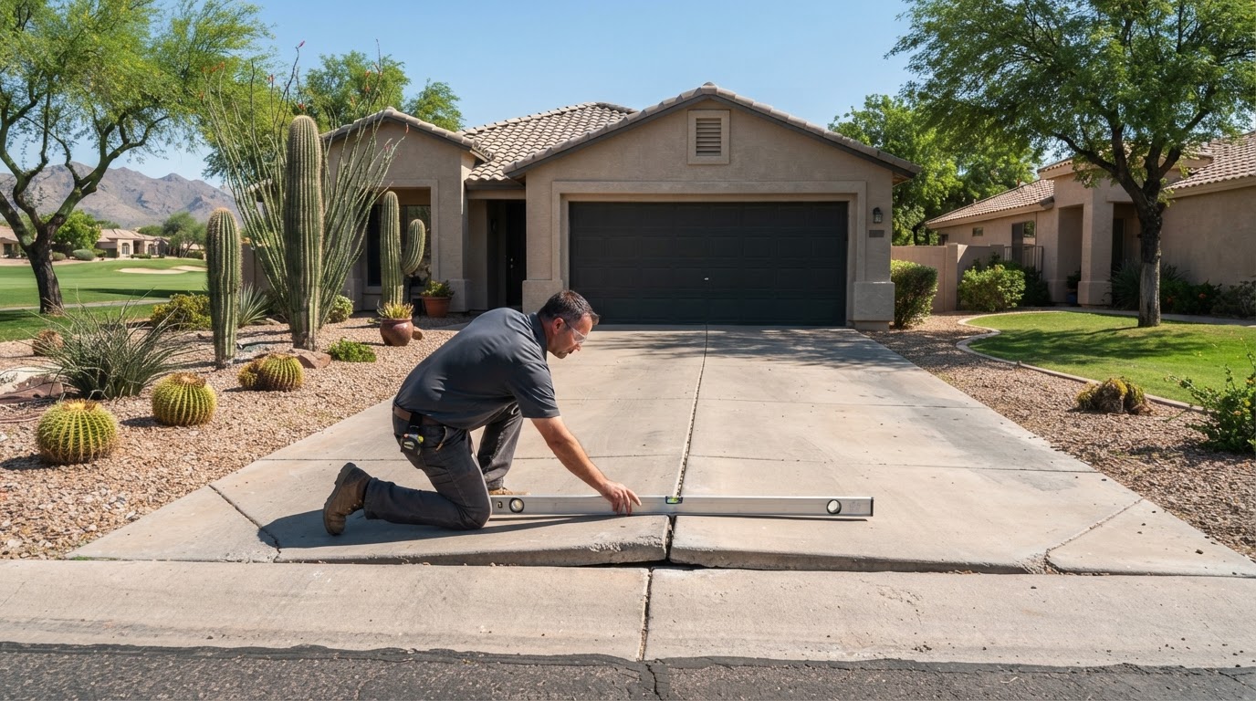 Concrete leveling technician kneeling to assess a settled driveway slab elevation in front of a single-story stucco Sun Lakes Arizona home with mature desert landscaping