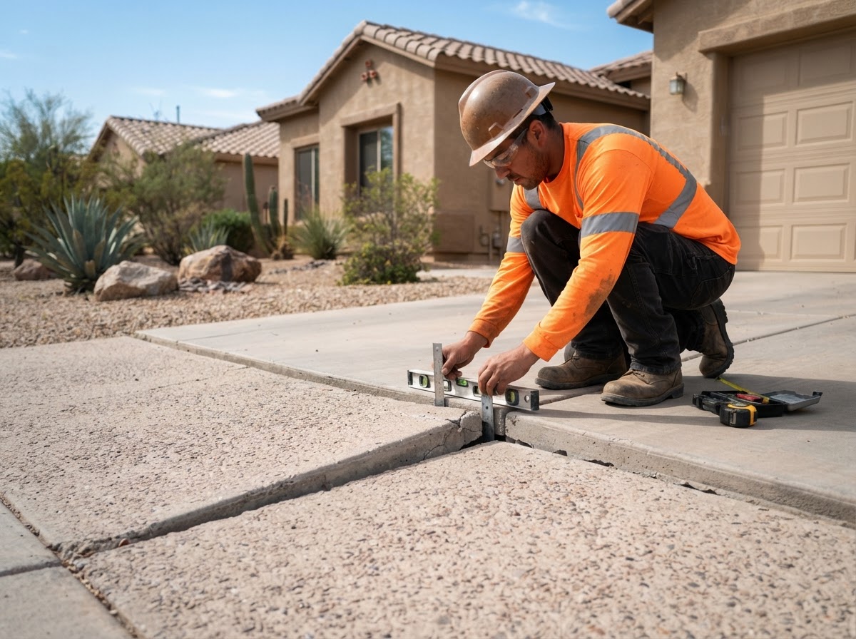 Sunken concrete driveway panel with a misaligned joint being assessed by a worker for leveling