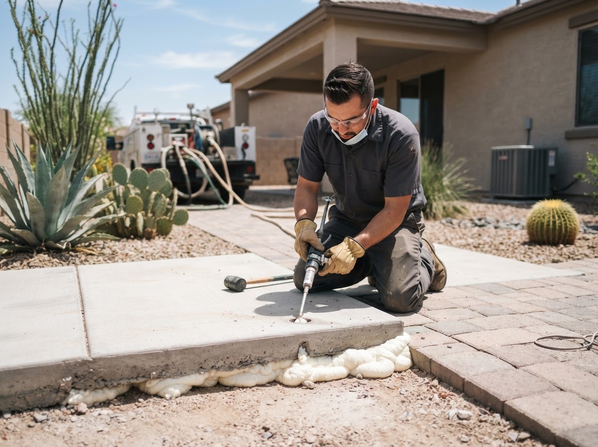 Technician performing polyurethane foam injection lifting on a backyard patio or walkway slab at a newer Arizona suburban property