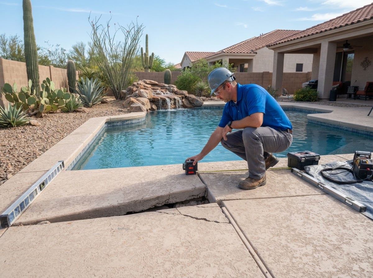 Pool deck concrete sections near a backyard pool being evaluated for leveling