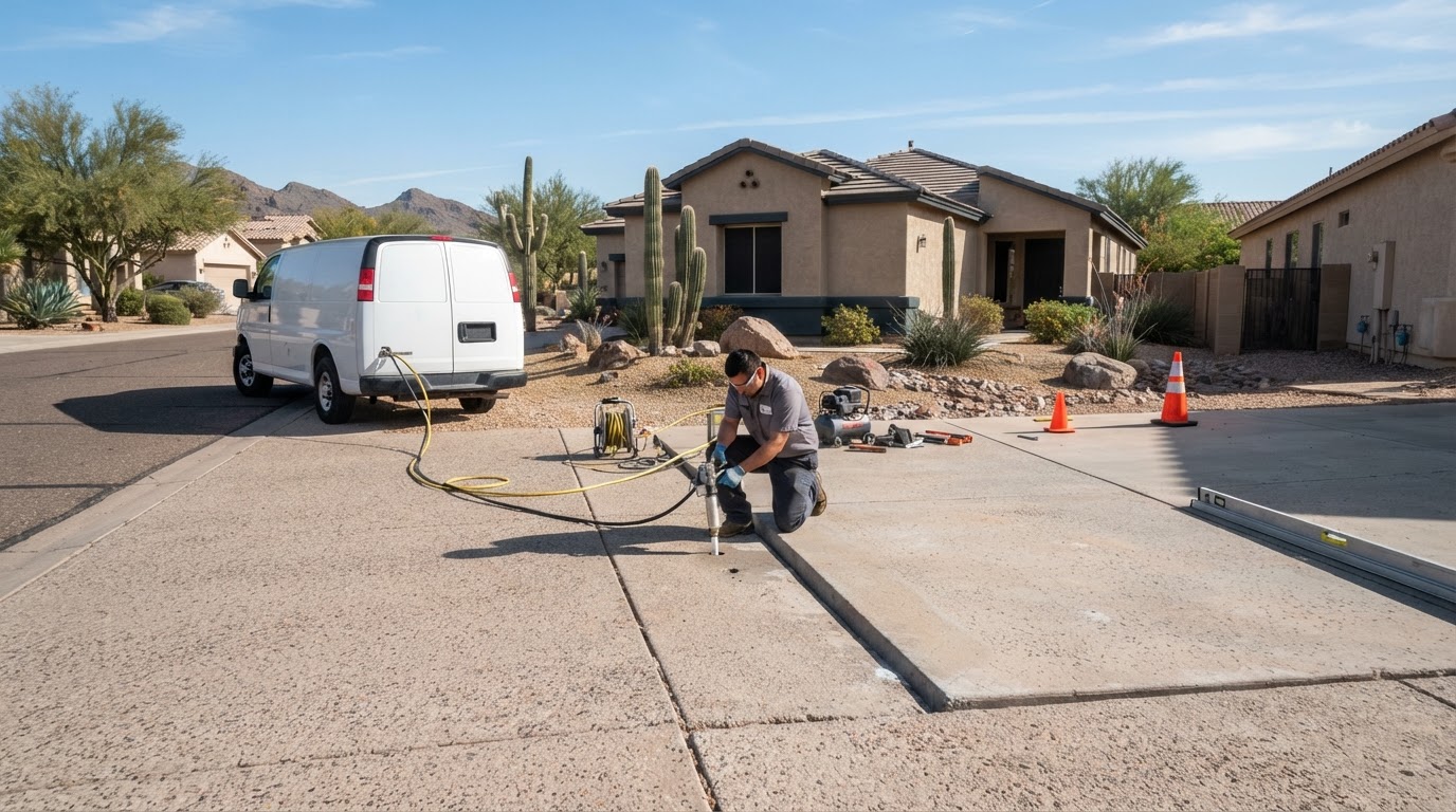 Polyurethane concrete lifting setup at a residential driveway at an established Arizona stucco residence in Ahwatukee with technician performing controlled foam lifting on a settled slab