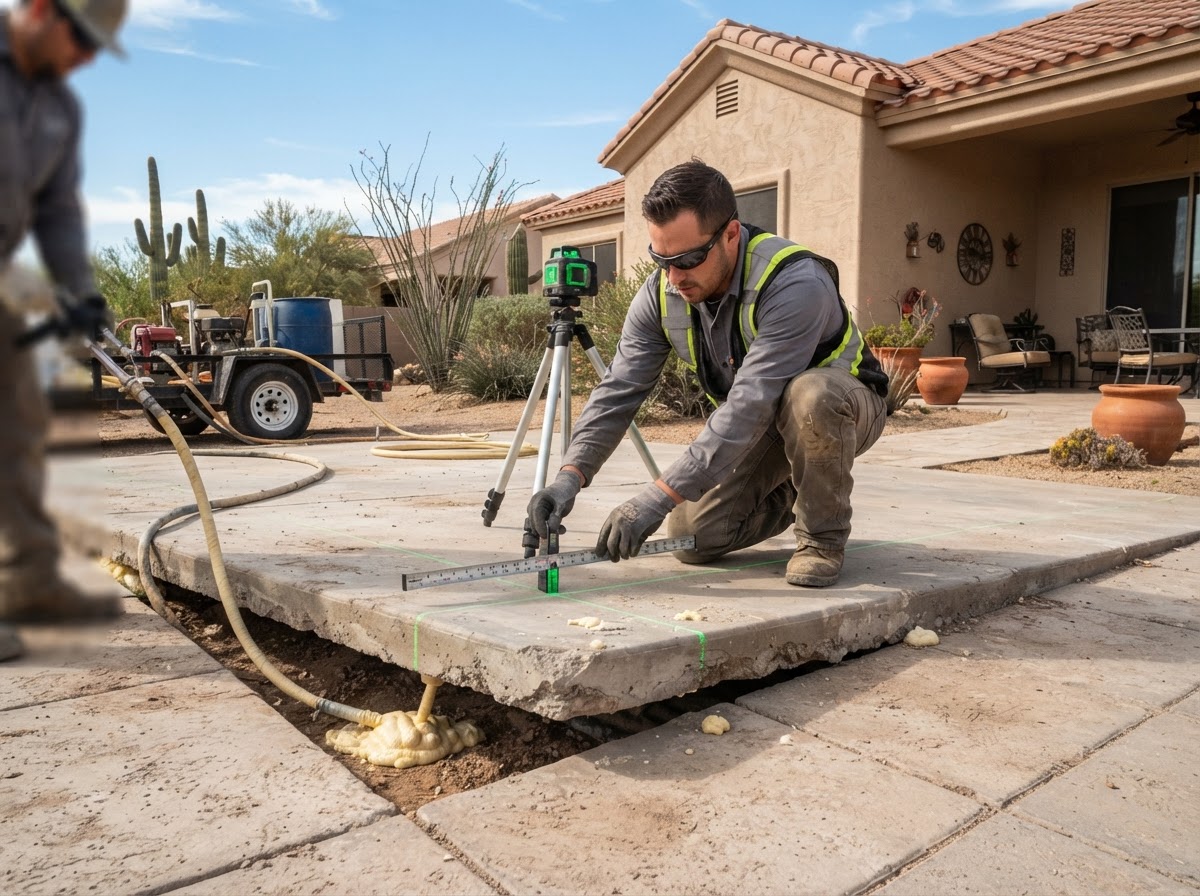 Technician using a laser level measurement tool to check elevation across a concrete slab being lifted with polyurethane foam on a gently graded Arizona residential property