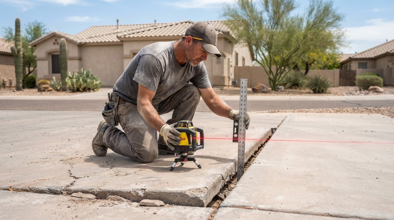 Technician using a laser level with a visible beam line to precisely measure elevation across a settled residential driveway slab during a polyurethane foam lifting lift
