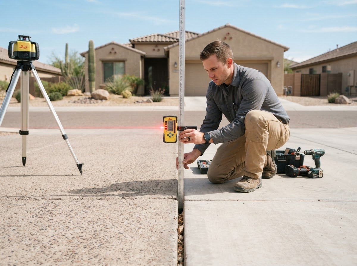 Technician using a laser level measurement tool to check elevation across a settled residential driveway panel joint at a newer Arizona suburban property