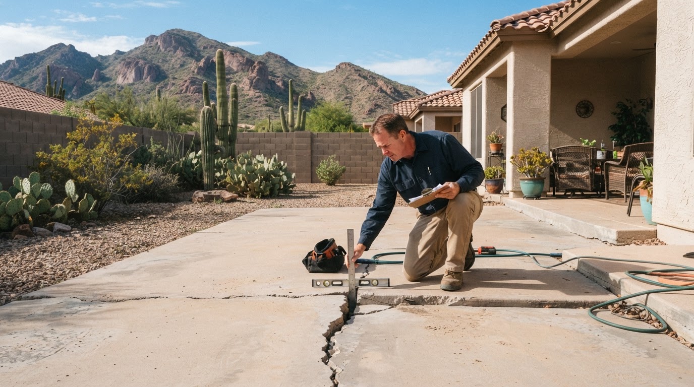 Concrete leveling technician assessing a settled backyard concrete patio slab at an established Arizona home in Ahwatukee with subtle South Mountain foothill context and desert landscaping