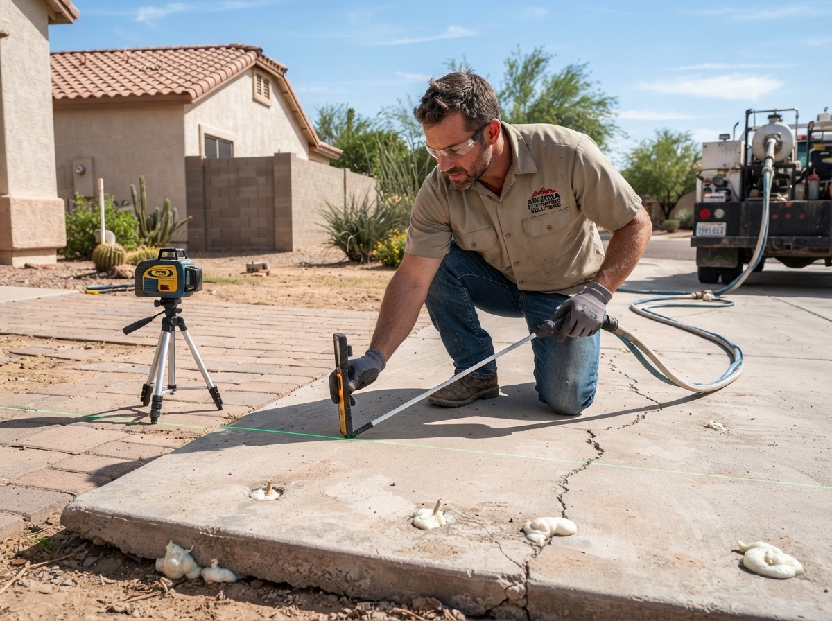 Technician using a laser level measurement tool to check elevation across a concrete slab being lifted with polyurethane foam in an Arizona residential setting
