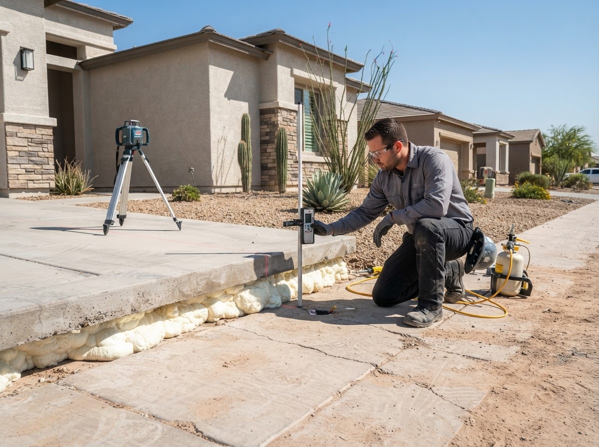 Technician using a laser level measurement tool to check elevation across a concrete slab being lifted with polyurethane foam at a newer Arizona suburban property