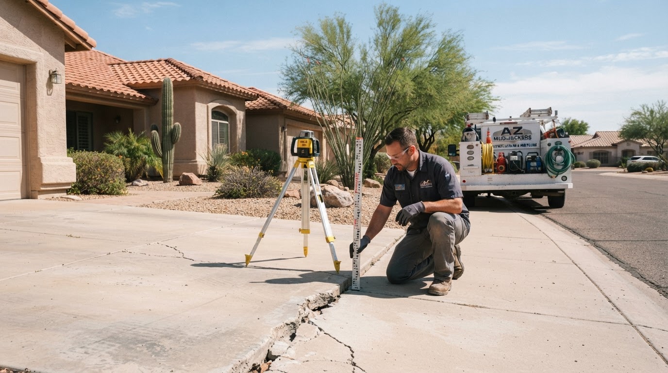 Concrete leveling technician kneeling to assess a settled driveway slab elevation at a single-story stucco Sun Lakes Arizona home with mature desert landscaping